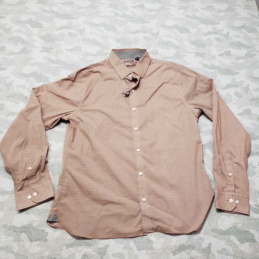 Van Heusen Shirt Mens Large Brown Slim Fit Long Sleeve Button-Up Geo Print NWT